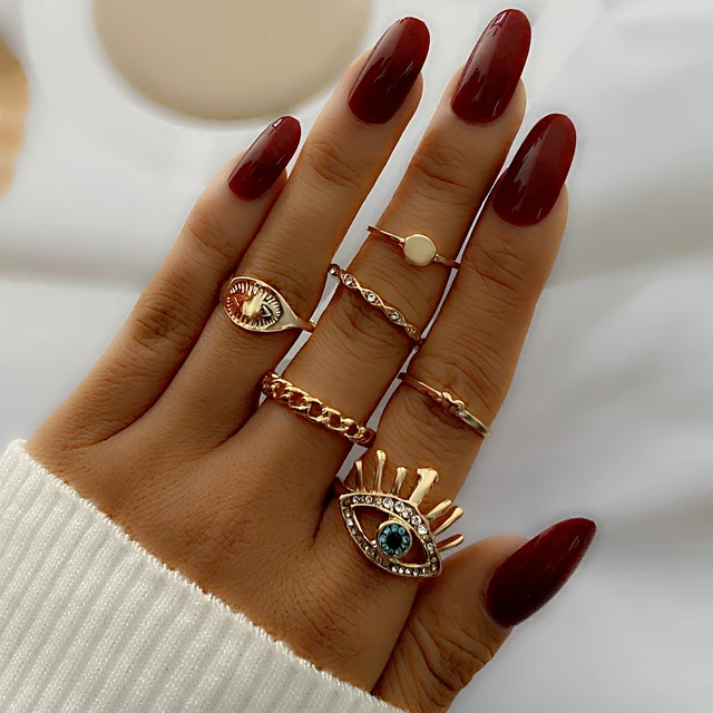 KISSWIFE 6Pcs/Set Boho Devil's Eye Rings Set For Women Gold Color Metal  Crystal Heart Chain Finger Rings Charm Jewelry Female - AliExpress