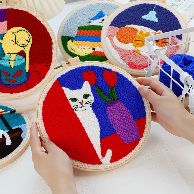 Punch Needle Starter Kit Animal Cat Floral Rug Hooking Beginner Set Adjustable Embroidery Pen Hoop For Kids Adults Craft Gift embroidery set embroidery kits embroidery hoop embroidery tool