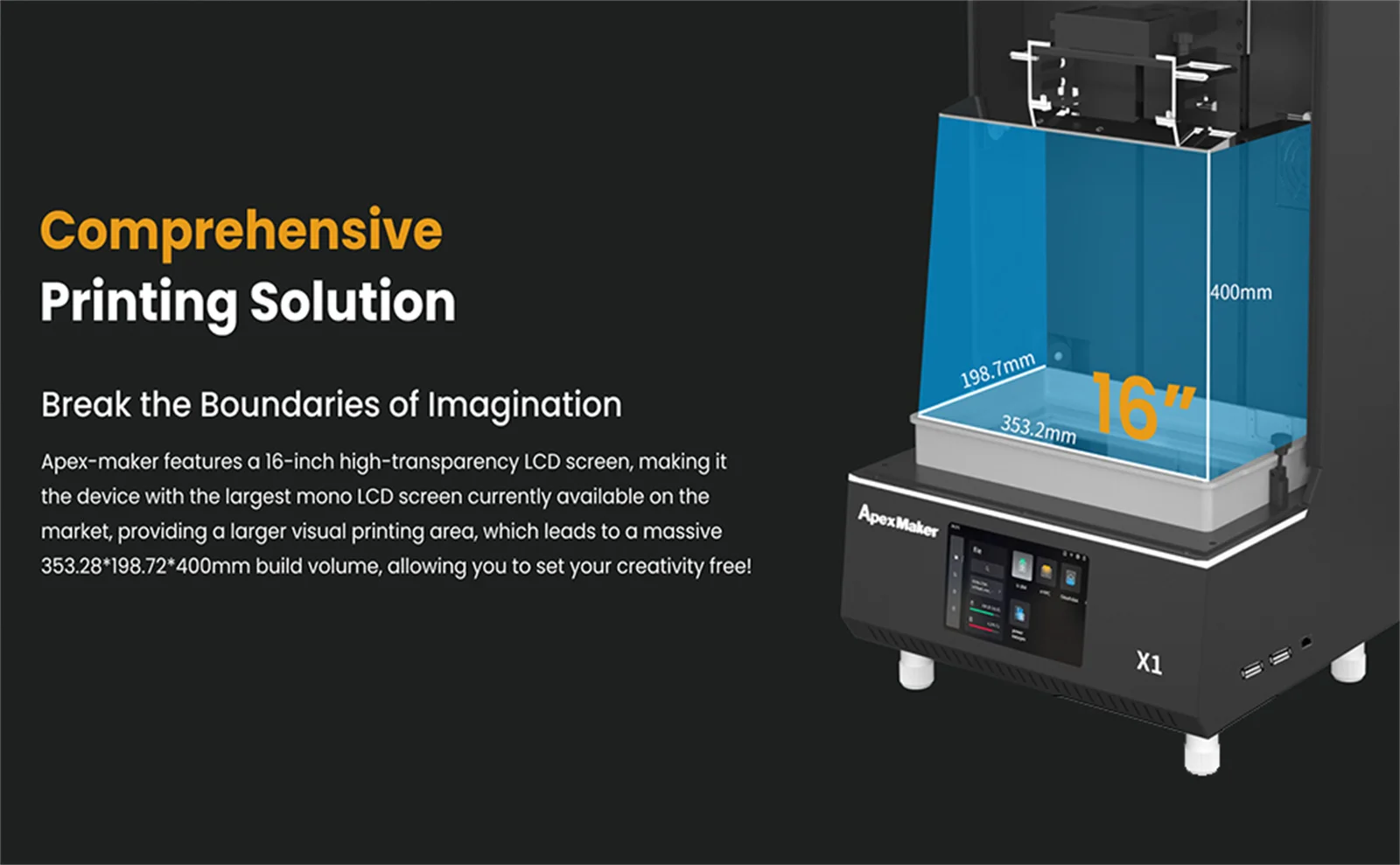 ApexMaker X1 16-calowa drukarka 3D z żywicy 3D o wysokiej prędkości 8K monochromatyczny Srceen rozmiar pikseli 46um (dostawa w Dec)