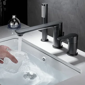 ก๊อกน้ําอ่างอาบน้ํา 3 หลุมทอง/สีดํา/Chrome อ่างล้างหน้าแบบแพร่หลายพร้อมหัวฝักบัวมือ Hot & Cold Control ก๊อกน้ําห้องน้ํา 1