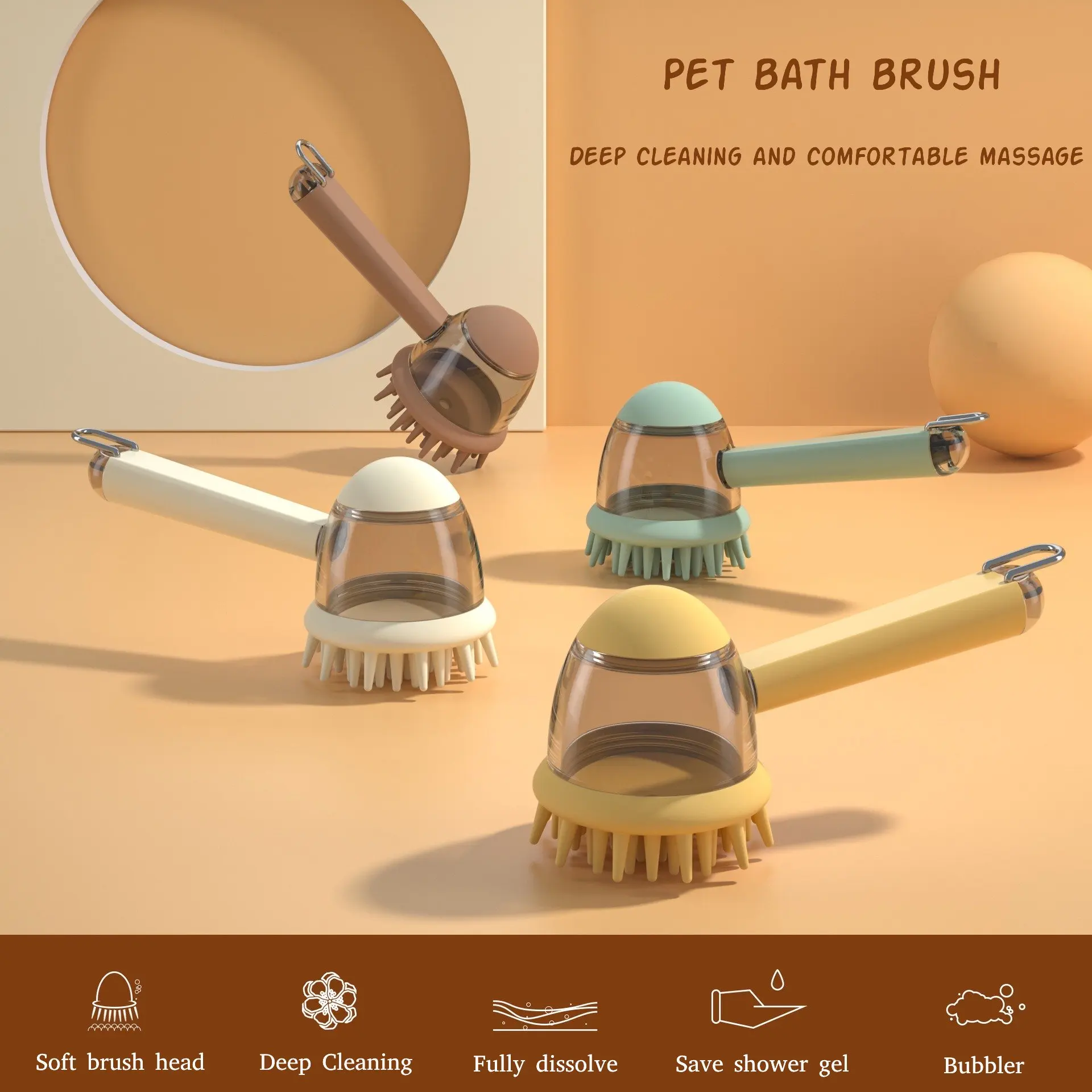 3 In 1 Pet Bath Brush with Soap Dispenser Massage & Deep Cleaning Shower Brush Water Bubble Maker for Dogs & Cats Grooming Tool