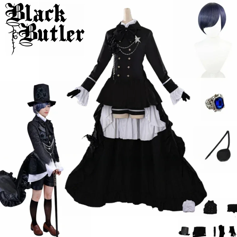 

Anime Black Butler Ciel Phantomhive Funeral Cosplay Cotume Wig Ring Eye Mask Kuroshitsuji Halloween Costume Fancy Party Outfit