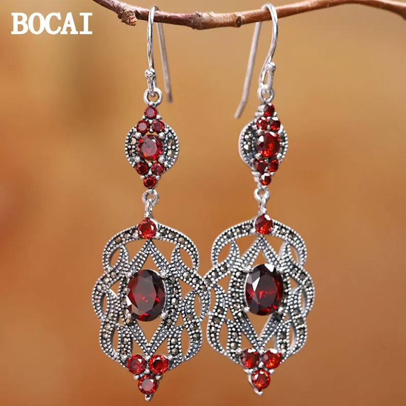 

BOCAI NEW S925 Silver Fashion National Style Inlaid With Red Zircon Earrings Women's