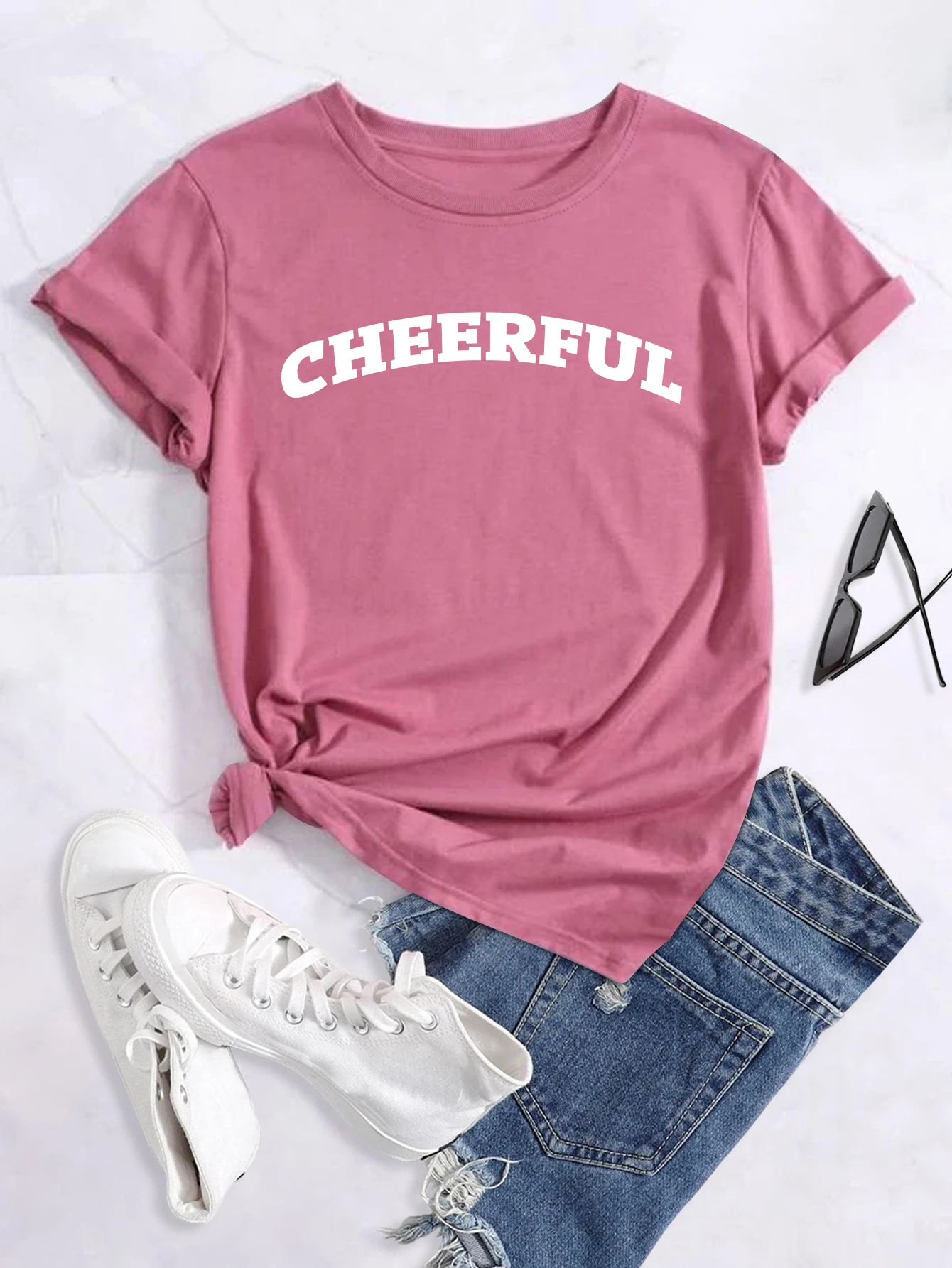 Camiseta de talla grande 'Cheerful', camiseta estampada con cuello redondo, camisetas casuales holgadas de manga corta de verano de moda para mujer, camisetas para mujer_voghion.com