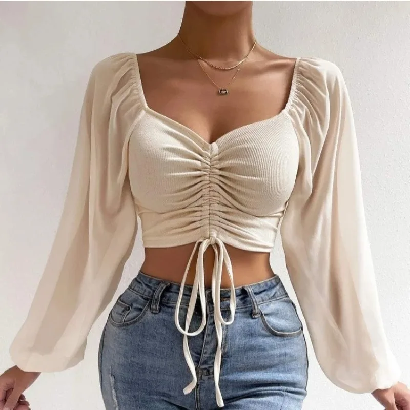 Sexy Women Mesh Lantern Sleeves Drawstring Wrap Chest Bare Midriff T Shirt  Women Long Sleeves Bottoming - AliExpress
