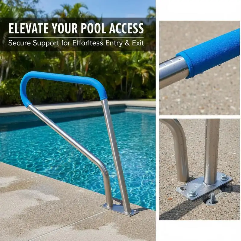 Corrimano per piscina, 990 x 100 x 812 mm, ingresso piscina, acciaio inossidabile con piastra di base per piscine interne/esterne, supporto per l'accesso alle piscine, maniglia antiruggine con coprimaniglia e accessori per spa - immagine 2