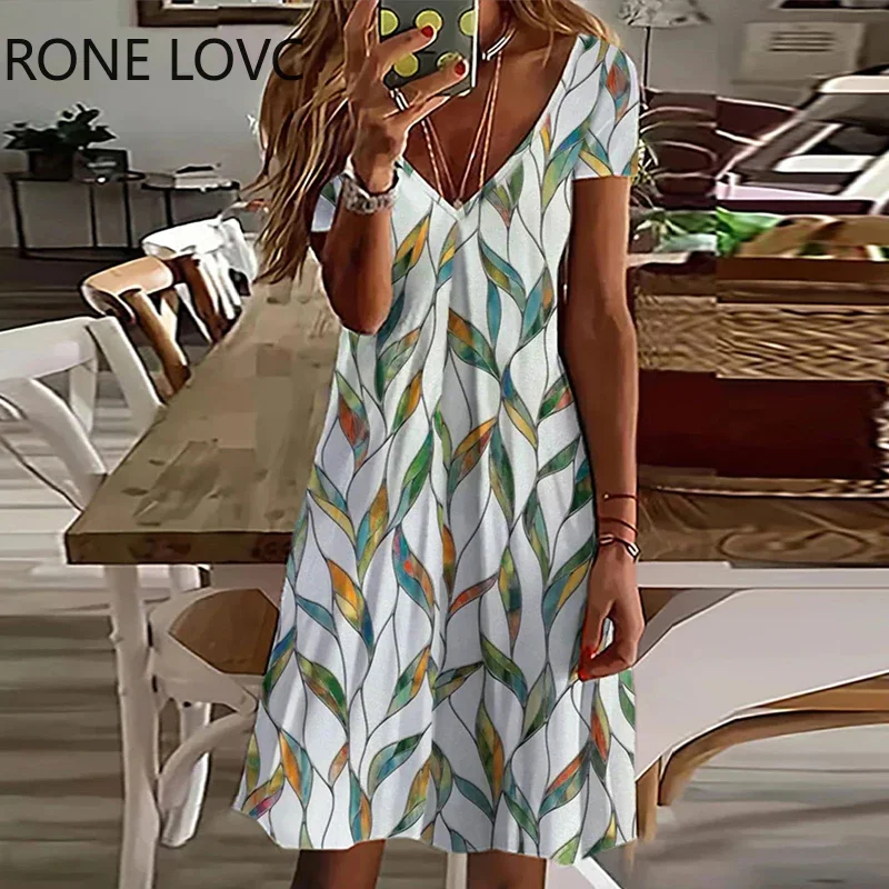 

Women Chic Deep V Neck All Over Print Short Sleeves A Line Casual Mini Dress