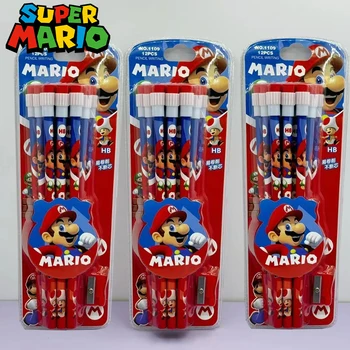 12pcs Super Mario Pencil with Pencil Sharpener for Students Anime Cartoon Figure Pencils Boys Girls Learning Stationery Supplies