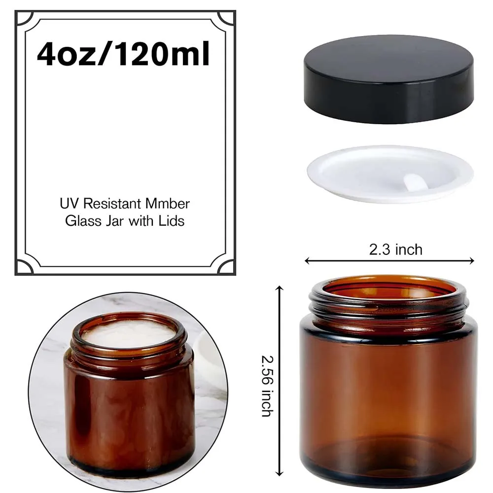 4oz Amber Empty Cosmetic Containers Round Airtight Glass Jar with Inner Liners black Lids for Storing Lotions,Powders,Ointments 3