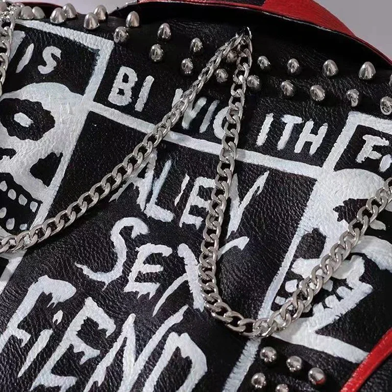 Rock Punk Motorcycle Leather Jacket Women 2024 Trend Metal Rivets Streetwear Graffiti  Print Faux Leather Cropped Jacket S-XXXL