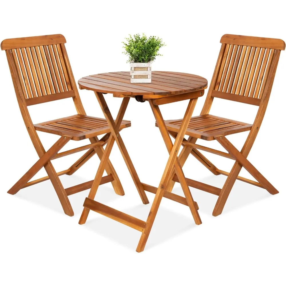 3-Piece Acacia Wood Bistro Set, Folding Patio Furniture for Backyard, Balcony, Deck w/ 2 Chairs