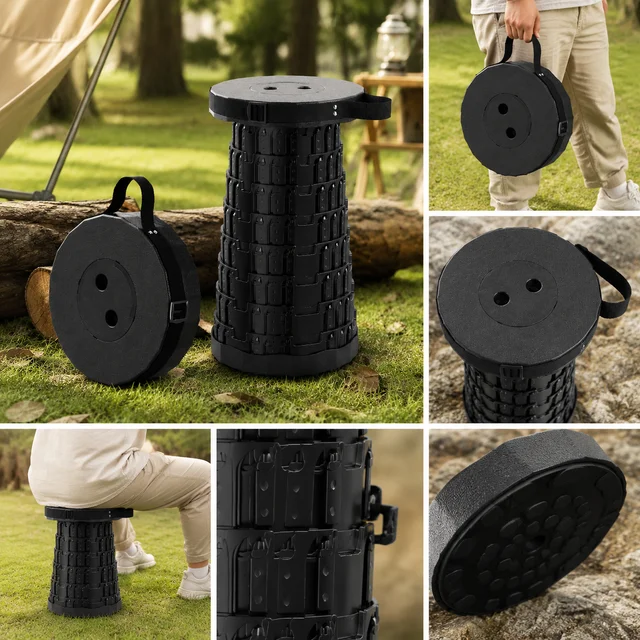 Black Rotating Telescopic Chair 360° Swivel Folding Stool Portable Gardening Chair Heavy Duty Adjustable Height Retractable Tripod Stool