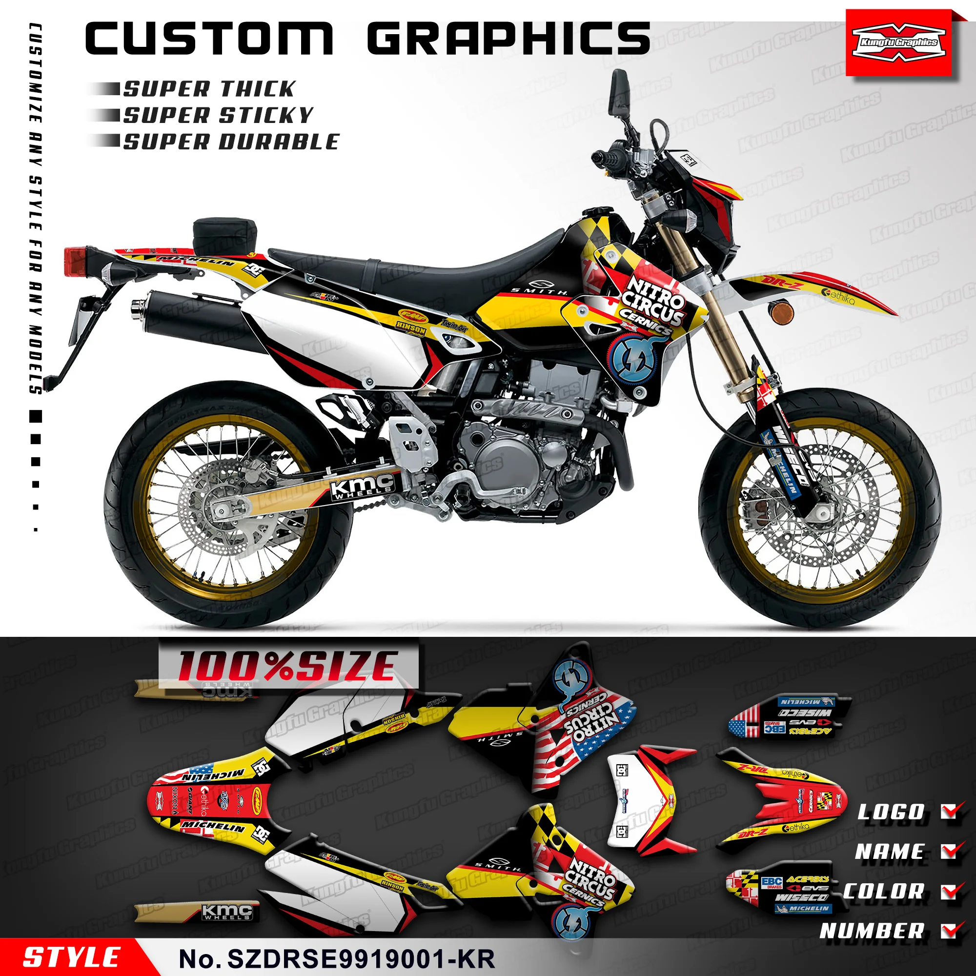 

KUNGFU, графические наклейки, наклейки для мотоциклов Suzuki DRZ400 SM DRZ400SM, SZDRSE9919001-KR