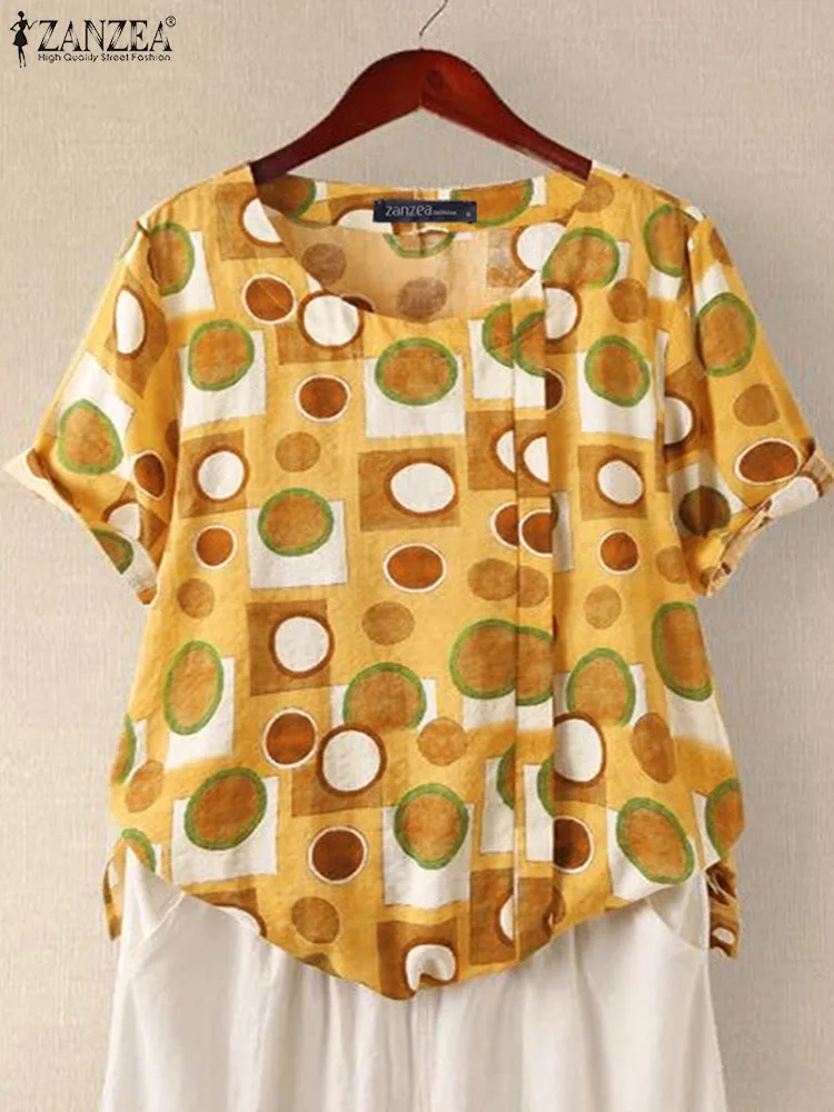 

ZANZEA Holiday Pleating Blusas Short Sleeve 2023 Summer Blouses Dot Printed Women Shirt Casual Vintage Fashion O-neck Tunic Tops