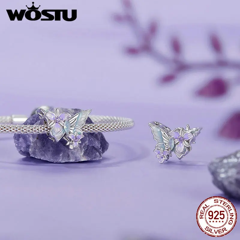 WOSTU 신비한 나비 매력 보라색 아이리스 꽃 비즈 크리스탈 펜던트 맞는 DIY 팔찌 목걸이 파티 선물
