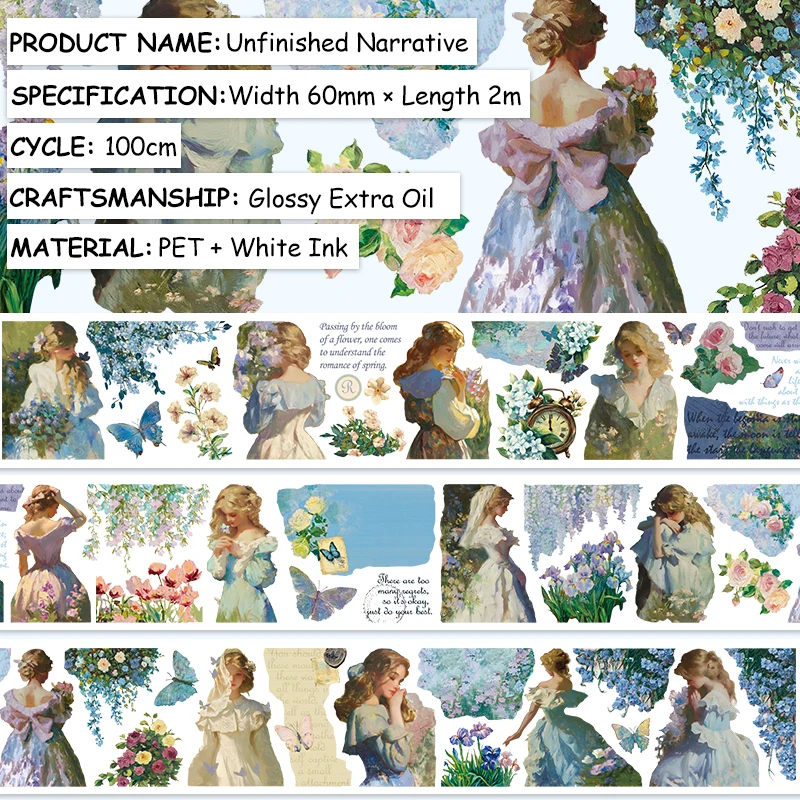 2m/롤 아름다운 아가씨 투명 PET 테이프 꽃 마스킹 테이프 3D 크리스탈 잉크 장식 스티커 일기장/스크랩북/저널용