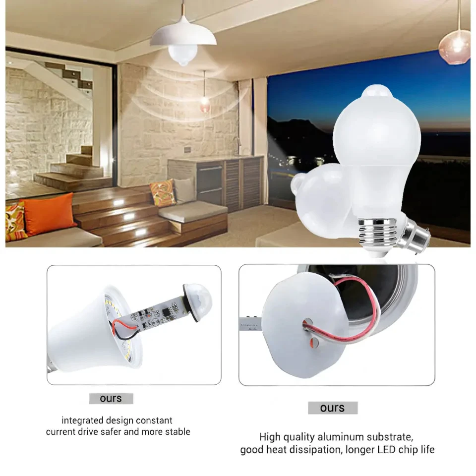 PIR 모션 센서 LED 전구, E27, 20W, 18W, 15W, 12W, 9W, 6W, AC220V 야간 조명, 가정용 주방 계단 조명, 10 개