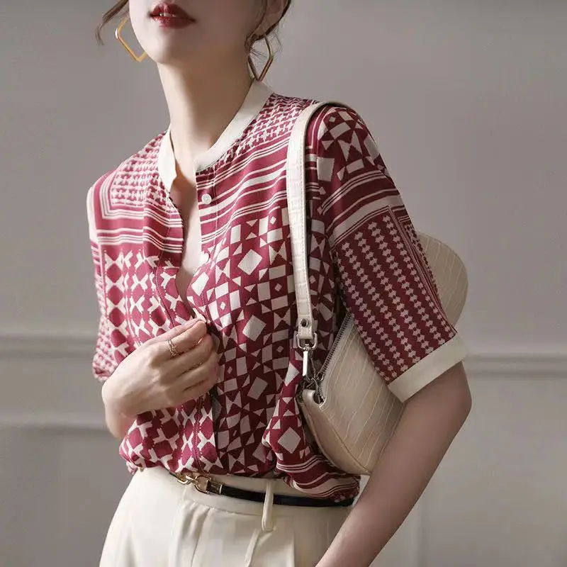 Summer Women\'s Blouse Chiffon O-neck Standing Collar Printed Office Lady Shirts Vintage Half Sleeve Tops Female Clothing