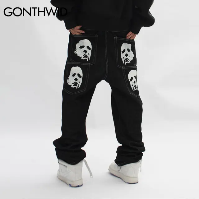 Hip Hop Gothic Denim Pants Streetwear Mens Graphic Print Baggy Punk Rock Jeans 2022 Harajuku Casual Loose Jean Trousers Black 1