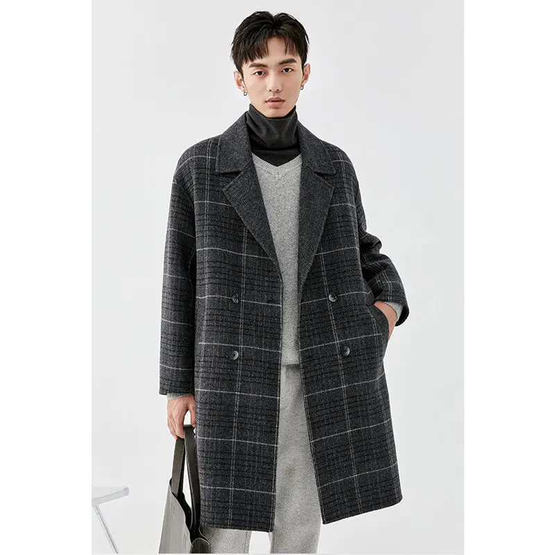 

Casual Double Breasted Mens Wool Plaid Overcoat Winter 2022 Houndstooth Jacket Men Turn-down Collar Long Woollen Wind Coat B343