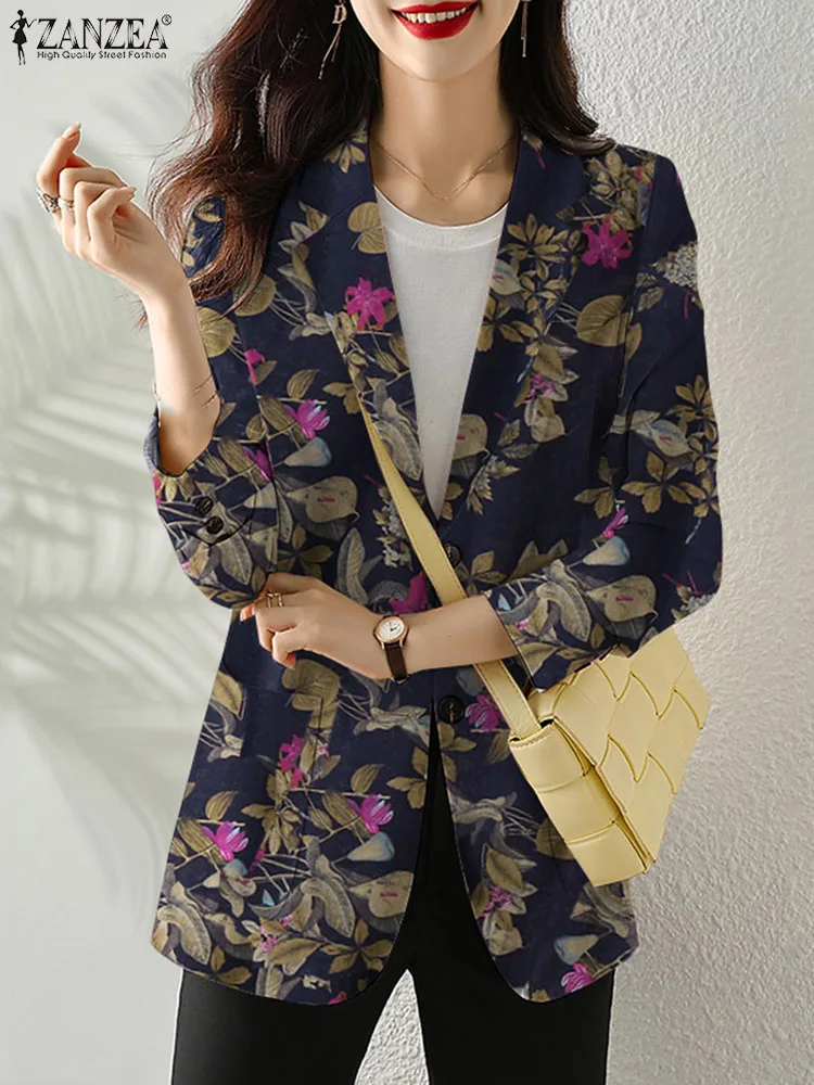

ZANZEA Fashion Floral Printed Blazer Women Elegant OL Jackets Lapel Neck Long Sleeve Thin Outwear Autumn Female Suits Oversized