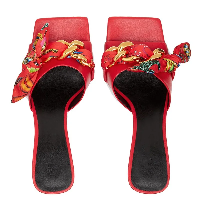 Summer New Silk Chain Sheepskin Slim Slim Mouth Fish Mouth Low Heel Sandals Cross Border Large Women's Slippers