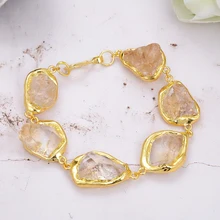 

Natural Citrines Raw Rough Nugget Pave With Gold color Plated Edge Bracelet 8.5" Vintage Style For Women