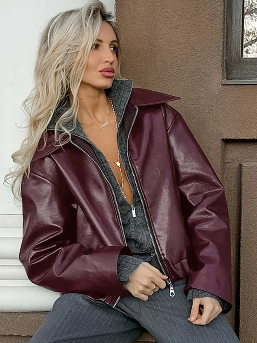 Angola Red Jacket Leather Motorcycle Street Fashion 2024 Autumn and Winter New Top Women's Elegant Coat