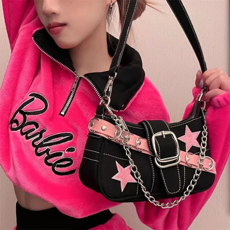 

Harajuku Fashion Pink Denim Handbag Women Star Metal Chain Korean Shoulder Bag Cool Girls Large Capacity Armpit Tote Bag Purses