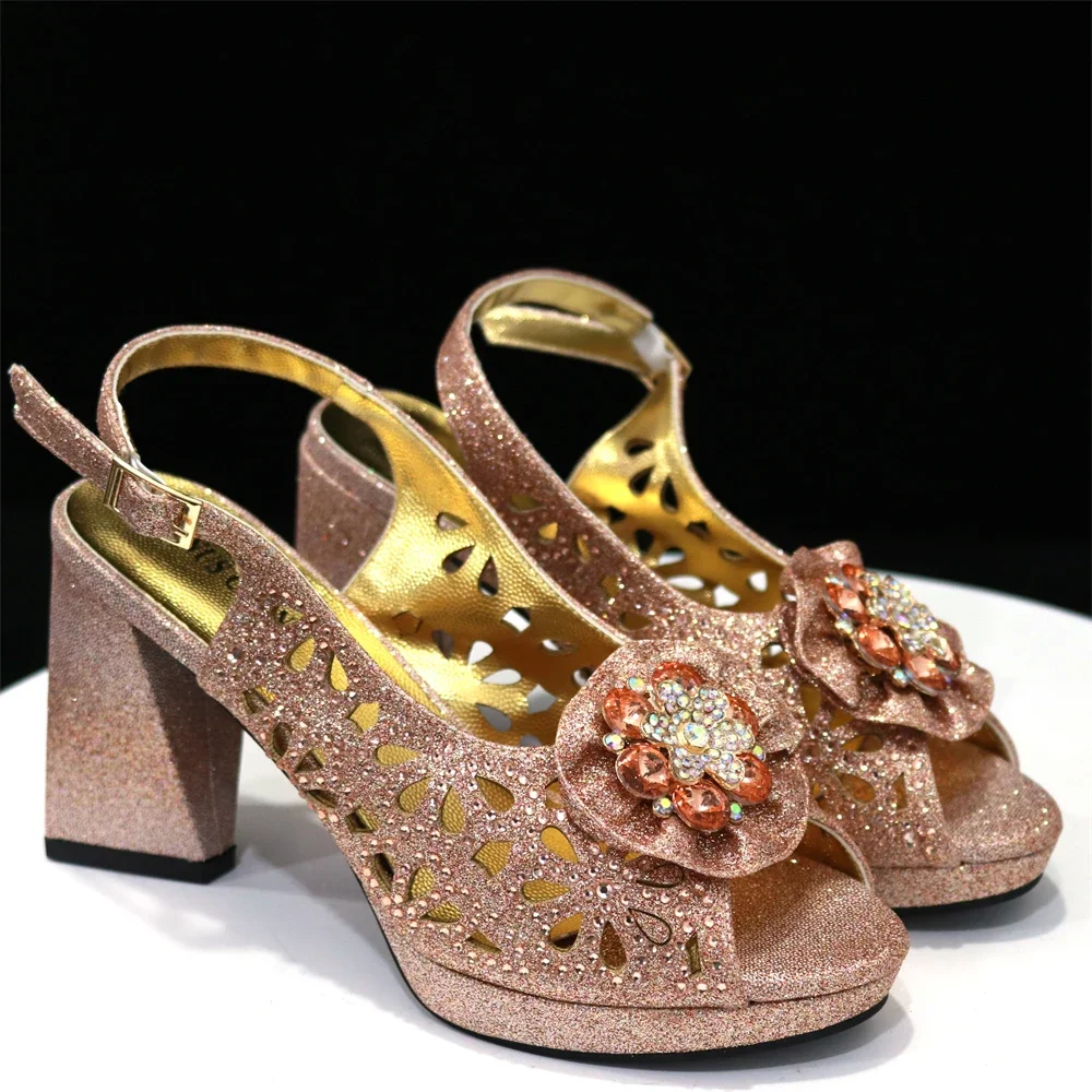 Women High Heels Sandals Printing Flower Material with Rhinestone Italian Design Champagne Color Open-Toed Shoes 3