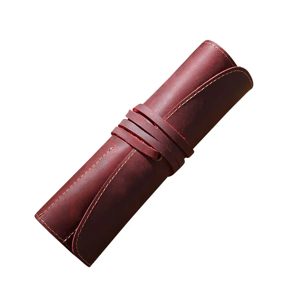 수제 빈티지 짙은 빨간색 펜 파우치 롤 펜 케이스 연필 가방 홀더 (만년필, 볼펜용)