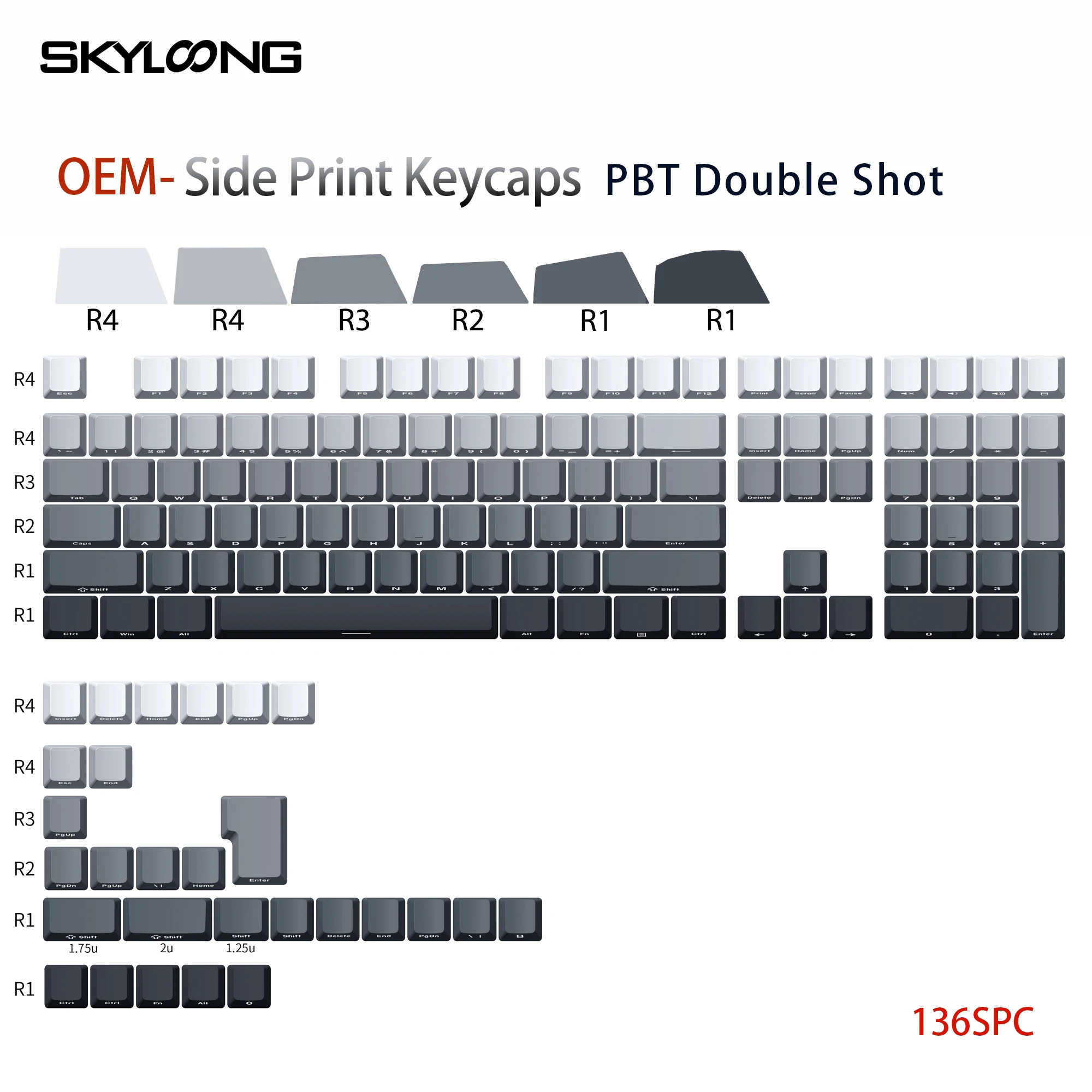 

SKYLOONG Side-engraved keycaps OEM Profile PBT Keycaps Double Shot 136Pcs Black/Gray Gradient Color Keycaps for Gaming Keyboard