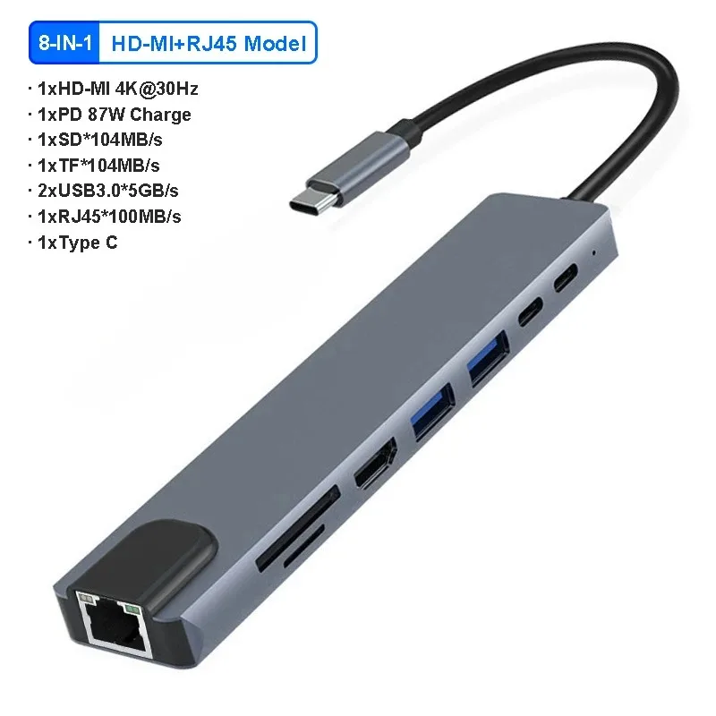 8 Ports Docking Station TYPE-C HUB C To 4K HDMI Adapter USB 3.0 Hubs 5Gbps High Speed 100Mbps RJ45 For Laptop Book_voghion.com