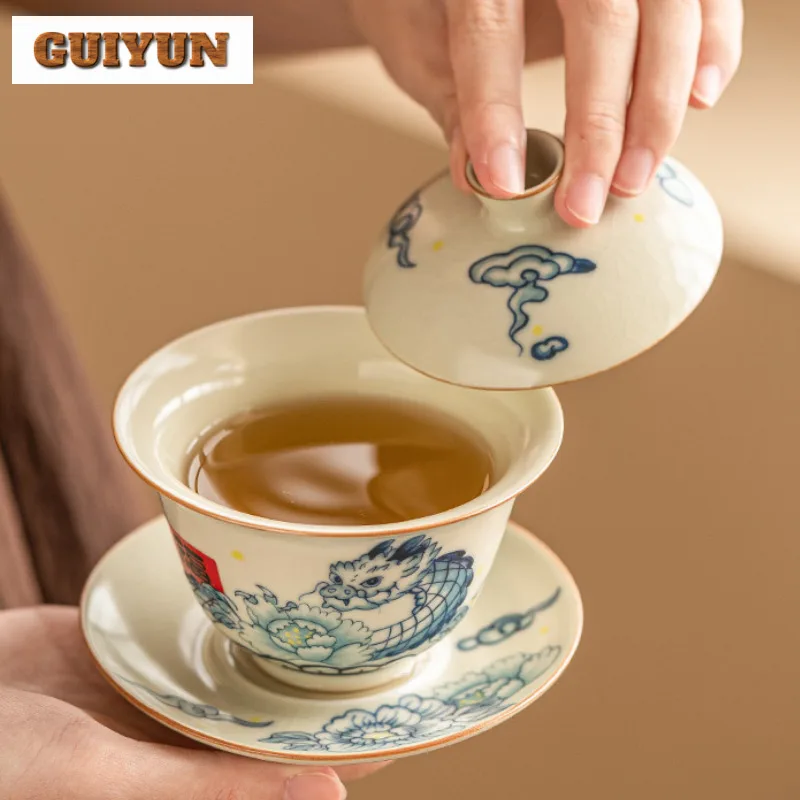 120ml Retro Ru Kiln Non Hot Gaiwan Chinese Wander Dragon Pattern Tea Tureen Ancient Tea Making Cover Bowl Cha Ceremony Gift
