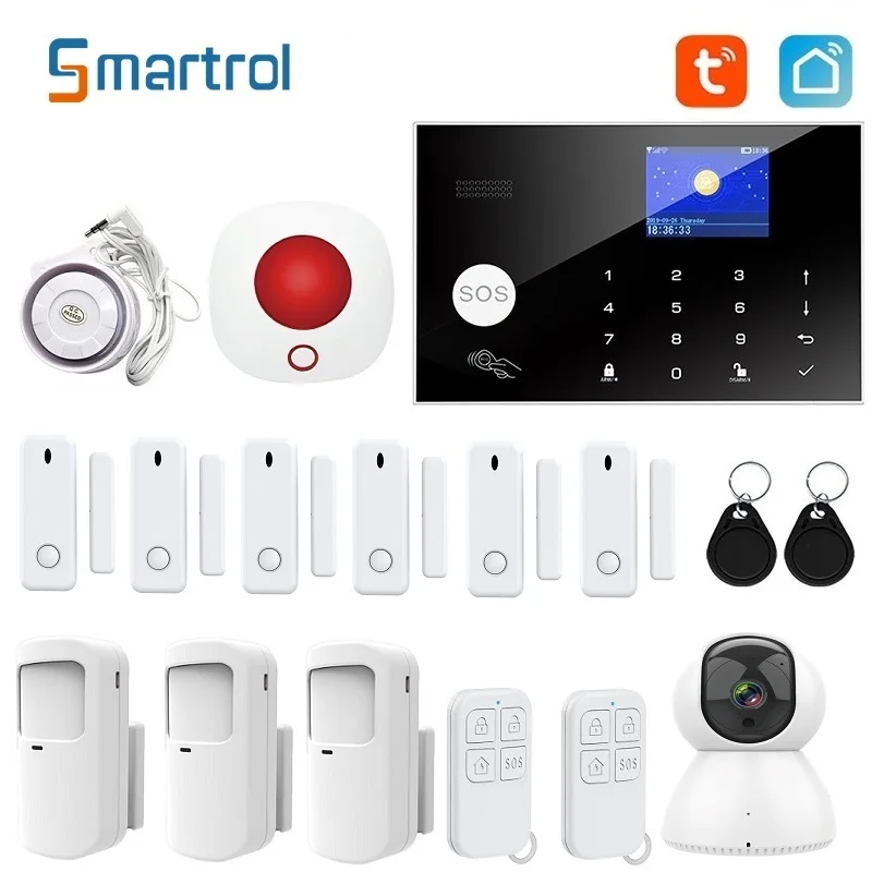 

Smartrol 4G GSM WiFi Security Alarm System Kit Tuya Smart Security Home Alarms With Door Window Sensor RIP Sensor Smoke Sensors