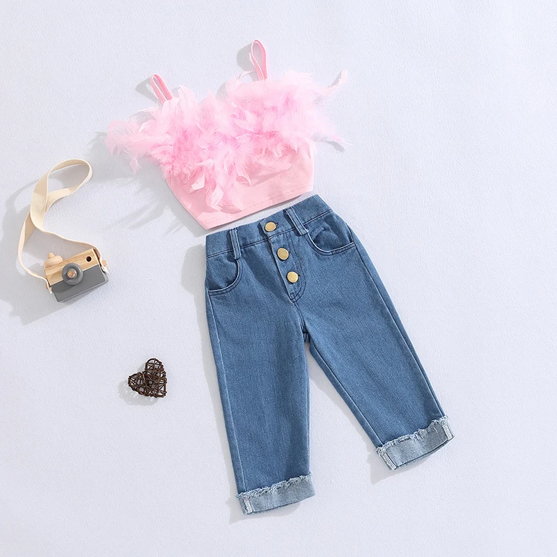 Kids Clothing Set Girls Clothing Set FOCUSNORM Little Girls Fashion Clothes Sets 1-6Y Ruffles Fur Feather Sleeveless Camisole Tops + High Waist Denim Pants 2pcs
