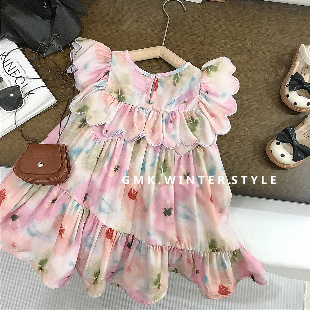 

2024 Korean Summer Toddler Girls Vestidos Ruffle Fly Sleeve Florl Printed Baby Girl Dress Loose Large Hem Thin Little Girl Dress