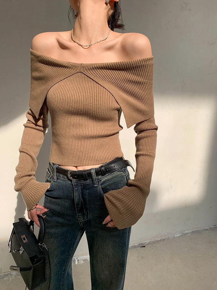 

Sexy One Shoulder Short Knit Pullovers Women Spring Fall Slim Long Sleeve Sweater Tops 3 Colors