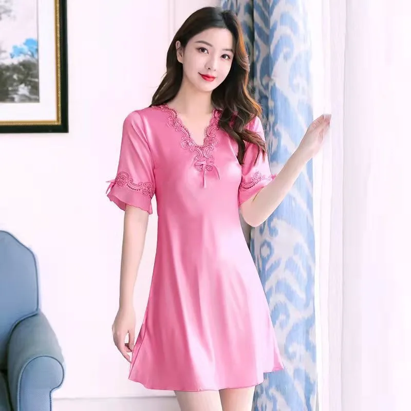 2023 New Pajama Women Sexy Ice Silk Thin Loose Large Size Nightdress Spring Autumn Silk Short-sleeved Home Clothes