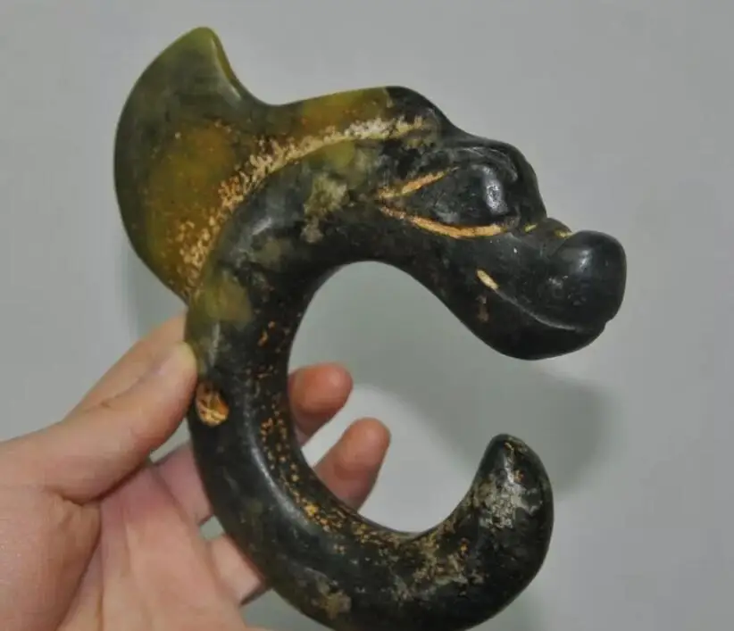5"China Hongshan Culture old Jade carve sacrifice Feng Shui dragon hook statue 3