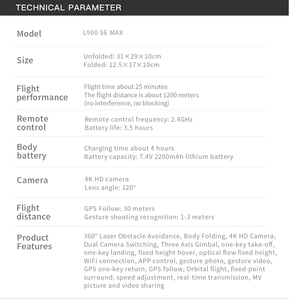 L900 Pro SE MAX Drone, TECHNICAL PARAMETER Model L900 SE MAX Unfolded: 31