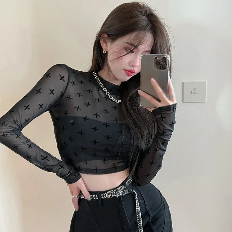 T-shirt da donna slim retrò a rete floreale moda manica lunga stile sexy primavera estate camicette alla moda top sottili femminili435_voghion.com