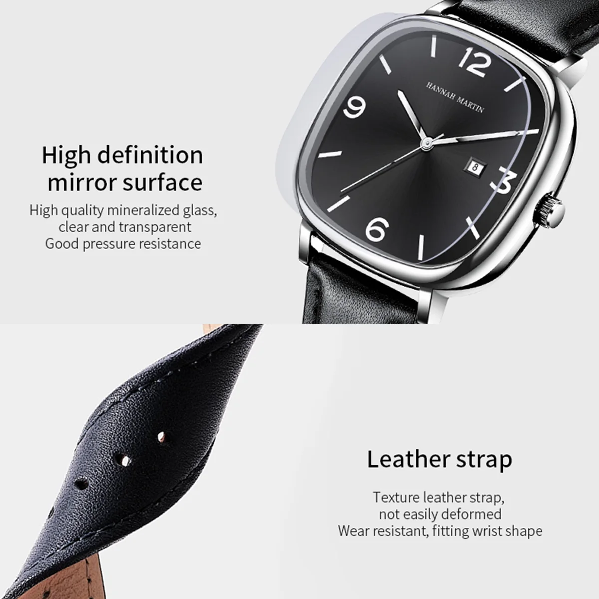 Hannah Martin Top Brand Black Leather Watch Original Quartz Movement Casual Business Style Square Fashion Men's Gift Wrist Watch 4