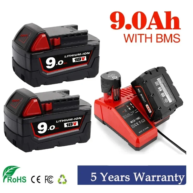 

18V For Milwaukee M18 Battery M18B6 XC12.0 Ah Li-Ion 48-11-1860 48-11-1852 Or Charger 48-11-1850 48-11-1840 Cordless Power Tools