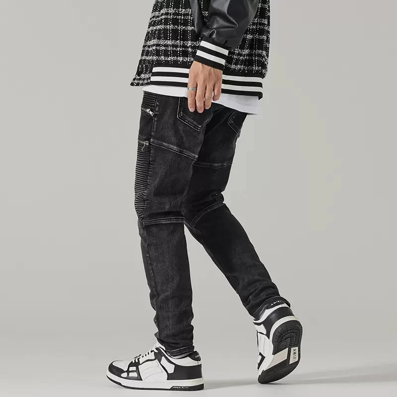 Street Fashion Men Jeans Retro Black Gray Stretch Slim Fit Patched Spliced Biker Jeans Men Zipper Designer Hip Hop Pants Hombre