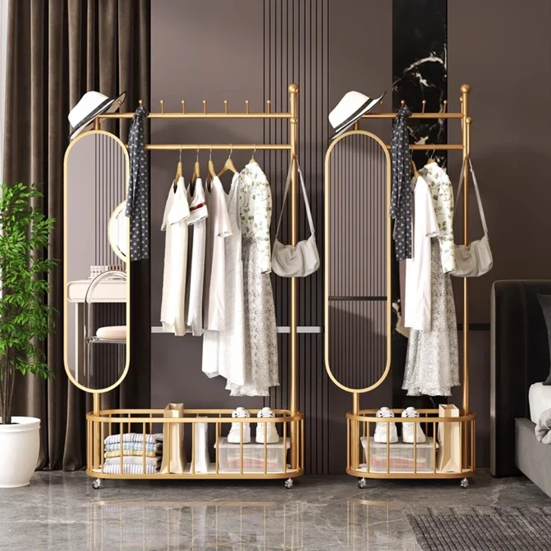 

Gold Clothing Coat Racks Nordic Mirror Movable Shelves Italian Hanger Clothes Rack Wheel Percheros Para Ropa Furniture Bedroom