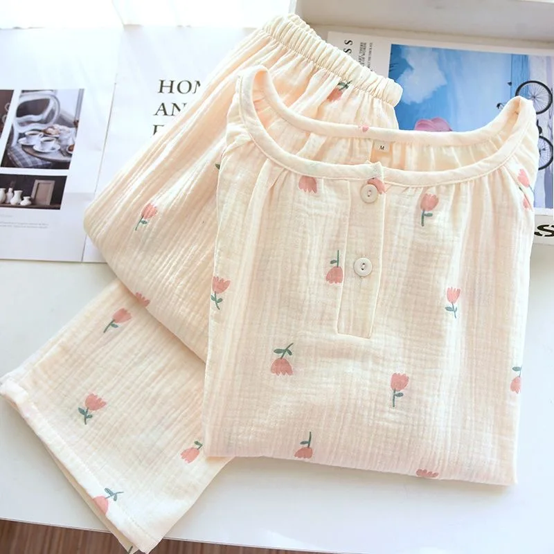 100CottonYarnWomenPajamasSleepwearFloralPrintFemale2PieceSet