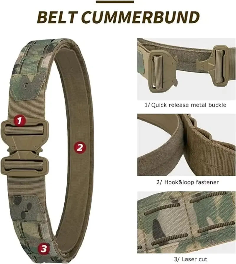 Tactical Belt 3 IN 1 Laser Cut Quick Release Buckle MOLLE Combat Shooting with Inner & Back Support Pad tactical belt