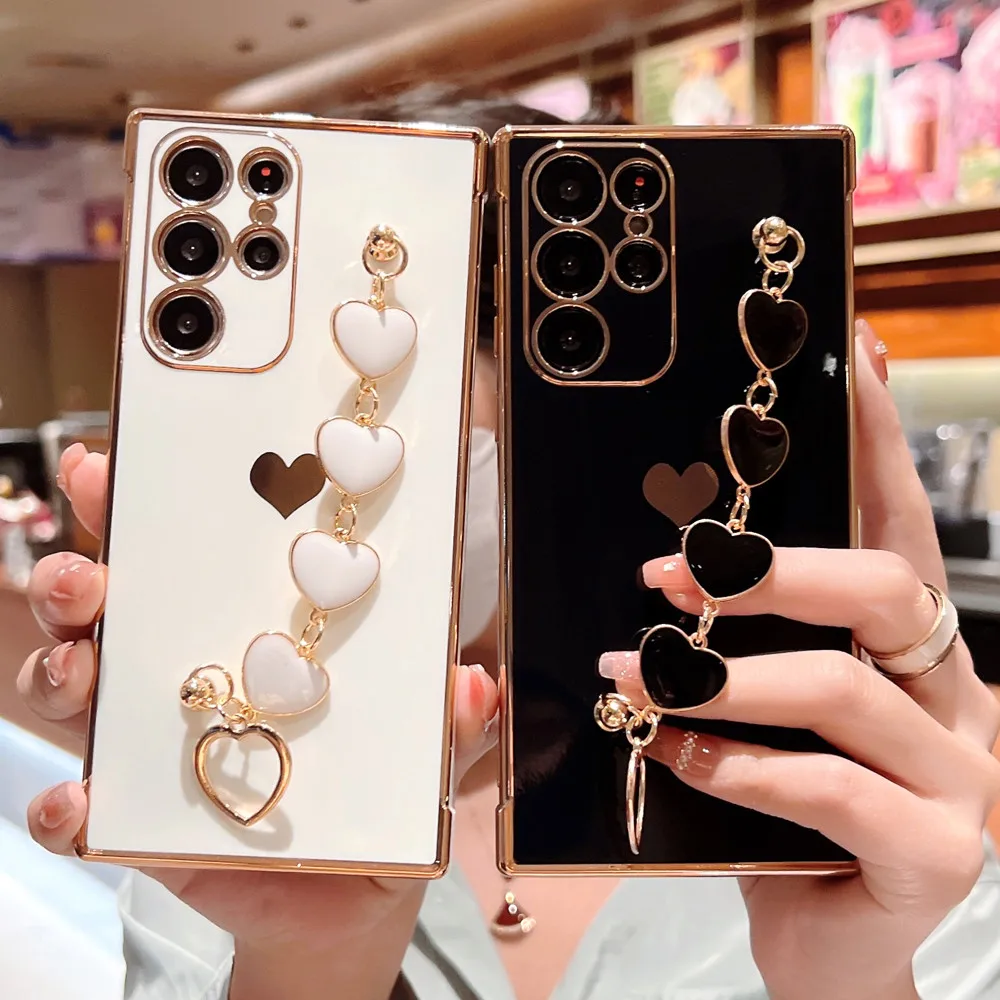 Placcatura Love Bracciale Wristband Case Per Samsung S22 S21 Ultra S23 S20 Fe A53 A52S A13 A12 A14 A34 A54 Cover In Silicone Antiurto