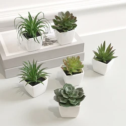 Set of 6 Mini Artificial Green Succulent Plants in White Pots for Home and Office Decor (Green)